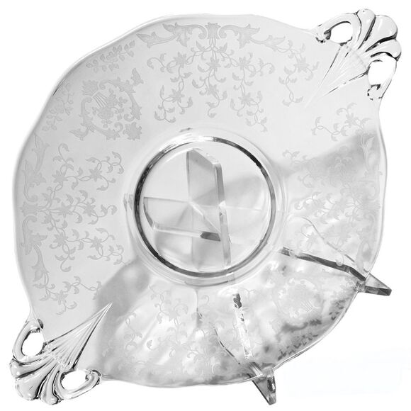 Fostoria VTG Glass Baroque Etched Chintz Handled Cake Plate Platter Dish 13.5” - Picture 1 of 11